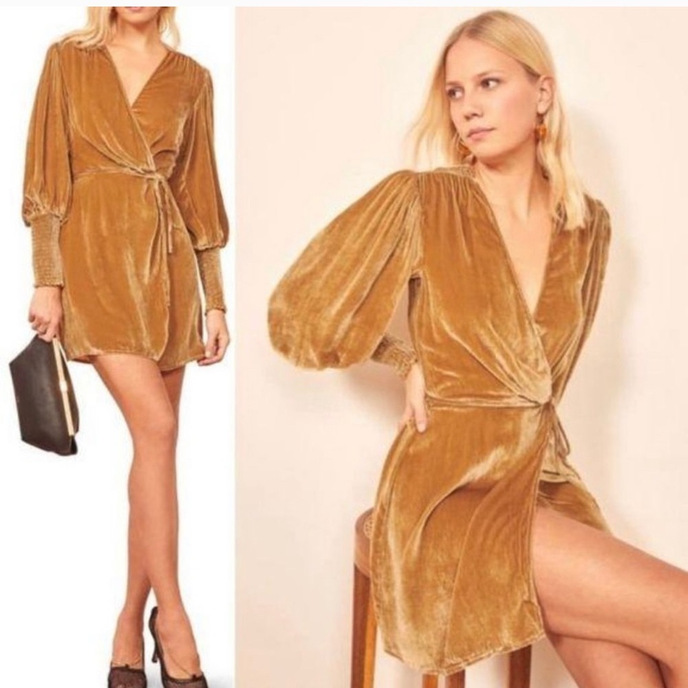 Reformation Boheme Gold Velvet Wrap Dress Sz L